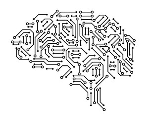 Human electronic brain stylized as a circuit board. Concept of artificial intelligence, machine learning and digital technology. Brain logo with dots connected by lines