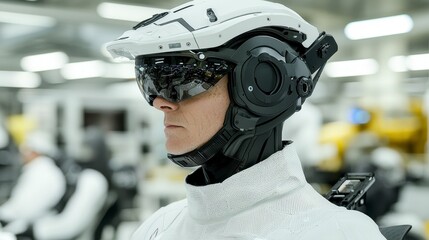 Close Up of a Person Wearing a Futuristic White Helmet and Uniform in an Industrial Setting