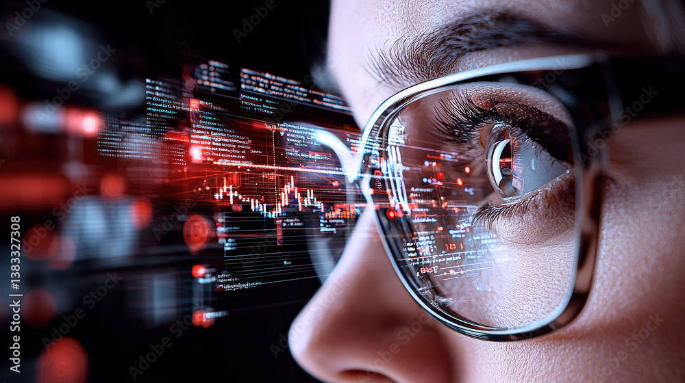 Poster close up of person wearing glasses reflecting digital data and graphs, symbolizing focus and analysis in high tech environment. image conveys sense of innovation and technology