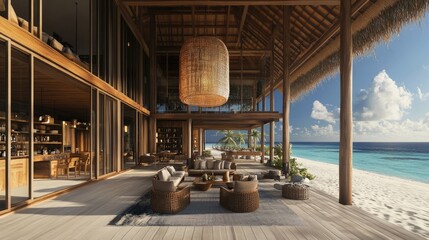 Fototapeta premium A modern beach hut interior with wooden furniture, coral accents, and a woven pendant lamp.