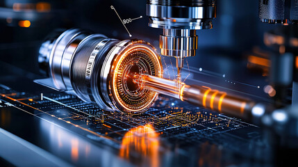 high tech, futuristic machine operates with precision, showcasing advanced engineering and digital schematics. glowing elements and intricate design highlight innovation manufacturing technology