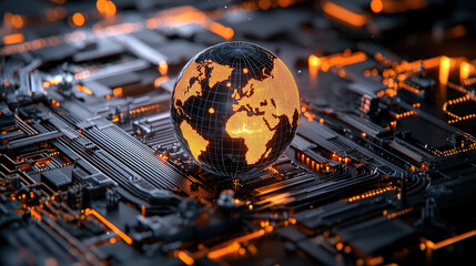 glowing digital globe sits on circuit board, symbolizing global connectivity and advanced technology. orange and black color scheme highlights futuristic theme of AI and machine learning