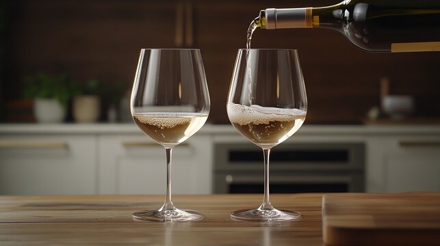 Two wine glasses with white wine being poured, embodying elegance and simplicity in a timeless moment.