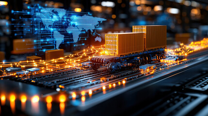 futuristic scene of digital network overlaying cargo train with containers, symbolizing global logistics and AI powered automation in transportation