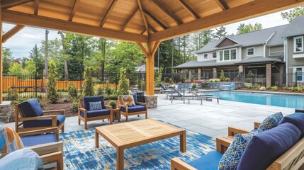 Fototapeta premium A poolside pavilion with wooden furniture, bright-colored seating, and natural fiber rugs.