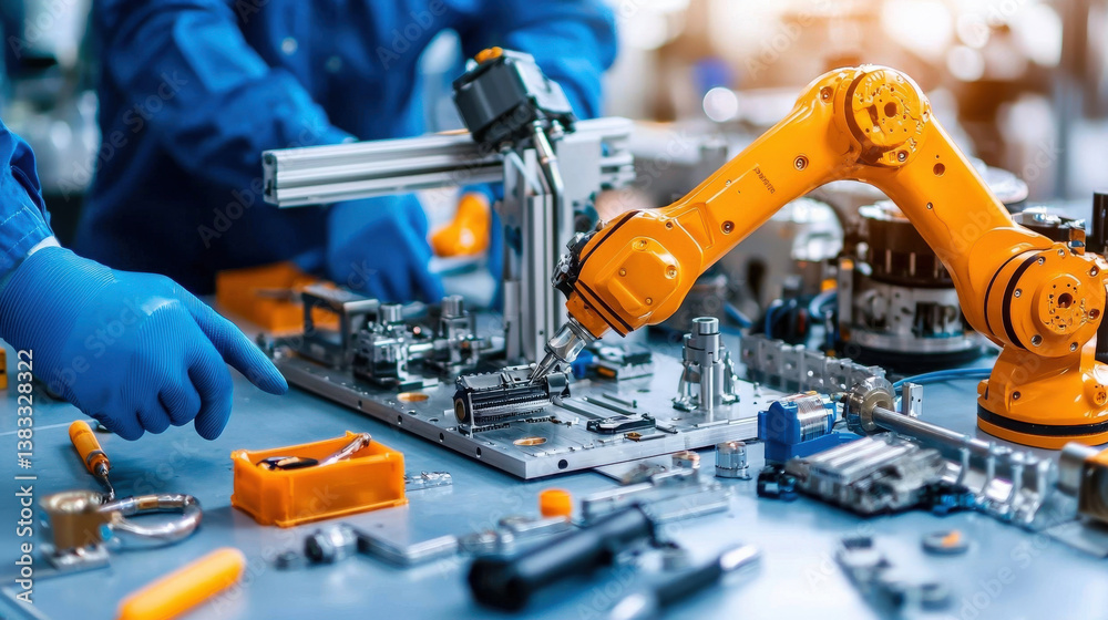 Poster high tech engineering workshop features engineers collaborating with robotic arms and precision tools, showcasing innovation and teamwork in modern industrial setting