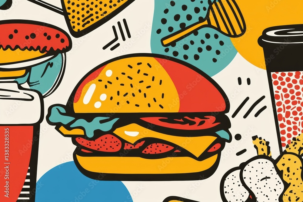 Poster bold memphis-style pop-art featuring floating abstract food shapes with vibrant colors and playful g