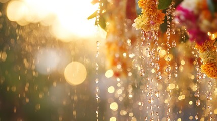 Vibrant water droplets and floral garlands capture the joy of a traditional water festival.