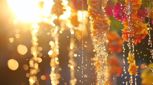 Vibrant water droplets and floral garlands capture the joy of a traditional water festival.