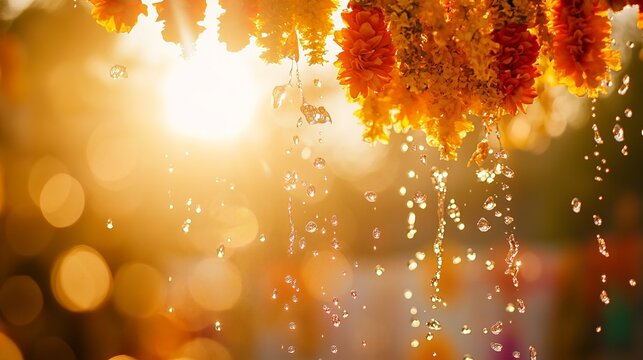 Vibrant water droplets and floral garlands capture the joy of a traditional water festival.