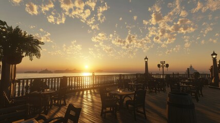 Obraz premium A romantic sunset caf with a wooden deck facing the ocean waves.