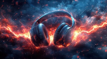 Fiery headphones, energy, gaming, abstract background, music promo