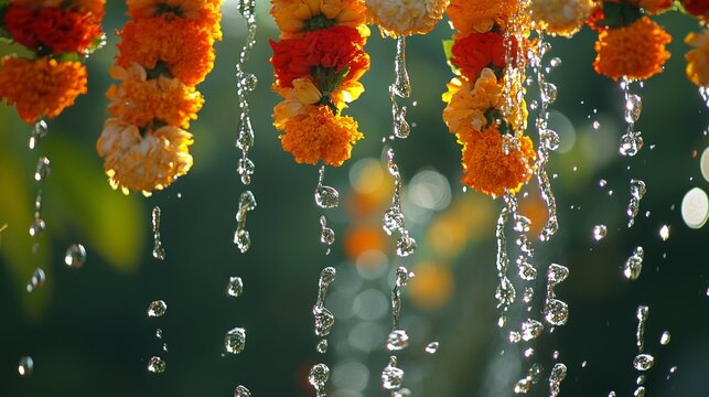 Vibrant water droplets and floral garlands capture the joy of a traditional water festival.