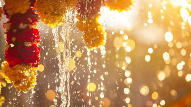 Vibrant water droplets and floral garlands capture the joy of a traditional water festival.