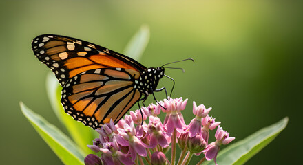 Fototapeta premium Close Up of Monarch Butterfly Feeding on Milkweed Flowers In Summer