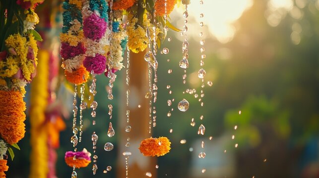 Vibrant water droplets and floral garlands capture the joy of a traditional water festival.