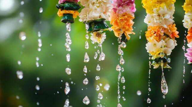 Vibrant water droplets and floral garlands capture the joy of a traditional water festival.