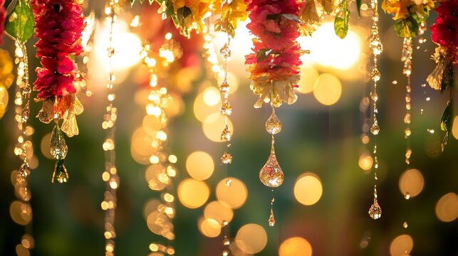 Vibrant water droplets and floral garlands capture the joy of a traditional water festival.