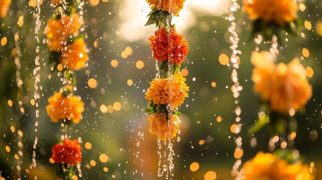 Vibrant water droplets and floral garlands capture the joy of a traditional water festival.