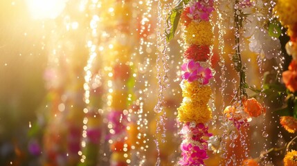 Vibrant water droplets and floral garlands capture the joy of a traditional water festival.
