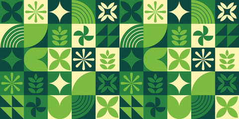 Seamless Geometric Pattern with Green Eco Elements. Abstract Nature Background for Sustainable Design