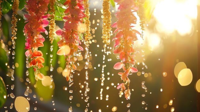 Vibrant water droplets and floral garlands capture the joy of a traditional water festival.