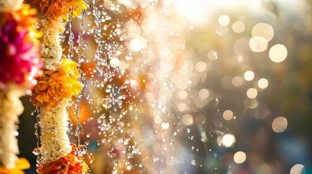 Vibrant water droplets and floral garlands capture the joy of a traditional water festival.