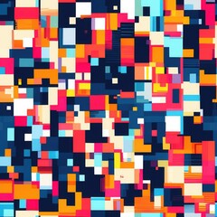 Fototapeta premium Colorful abstract squares. Dark blue background with random shapes in white, red, yellow, light blue and orange. Abstract geometric mosaic pattern.