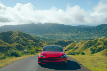 Fototapeta premium Red electric vehicle parked on a scenic mountain road overlooking a lush green valley, embodying sustainable travel and adventure