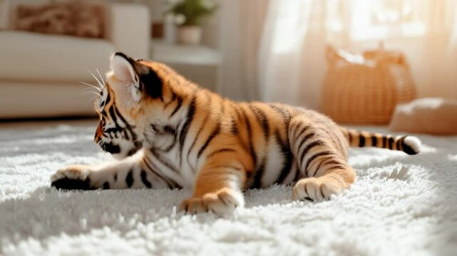 Baby Tiger Cub on Comfy White Carpet on a Sunny Morning.