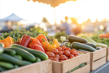wooden crates of fresh colorful vegetables at farmers market in golden sunset light