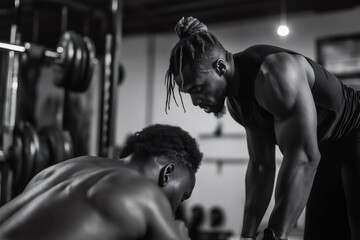 Black and white image of a fitness coach motivating his client during a challenging workout in a gym