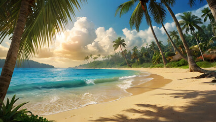 Clean sandy beach soft waves emerald water palm trees