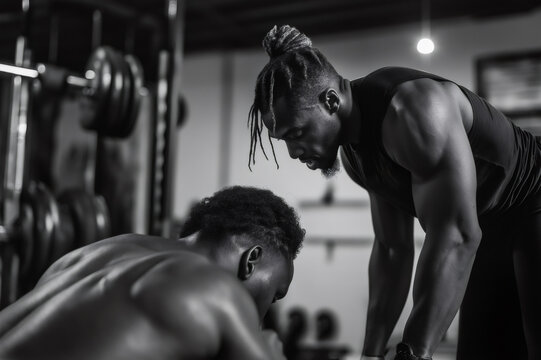 Black and white image of a fitness coach motivating his client during a challenging workout in a gym