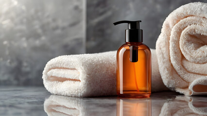Transparent bottle with black dispenser for cosmetic products on gray background behind two terry fluffy towels