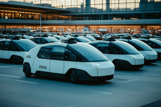 Modern white electric robo taxis parked near airport terminal waiting for passengers, showcasing future of transportation