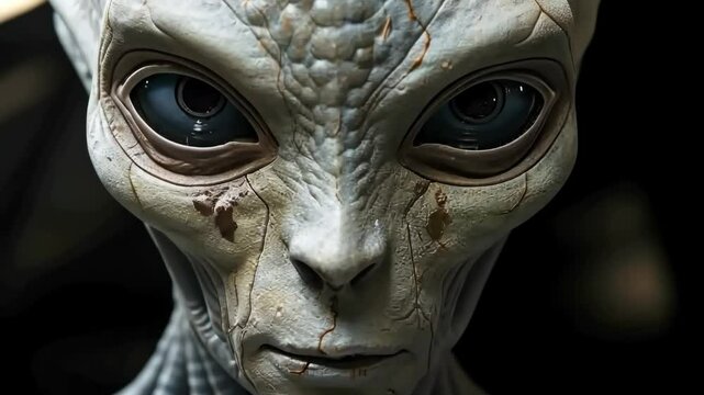 Gray alien rage. Close up on her silver face and big black eyes. Extraterrestrial creature sculpture, statue, contemporary art. Generative 4k video