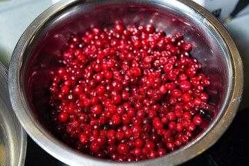 Fresh Red Lingonberries in Metal Bowl. A stainless steel bowl filled with ripe, juicy red...