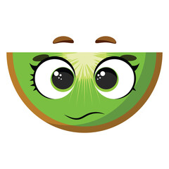 Cute green kiwi slice with big shiny eyes and shy expression, ideal for fruit-themed designs, healthy food content, kids’ illustrations, and fresh product branding