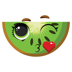 Winking kiwi slice with heart kiss expression, perfect for kids' products, fruit-themed graphics, healthy lifestyle content, and playful food design