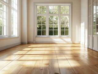 Fototapeta premium Bright natural light streams through large windows illuminating a spacious room with hardwood floors creating a serene and inviting atmosphere