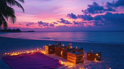 A sunset beachfront picnic with wooden crates as seating, colorful textiles, and soft lighting.