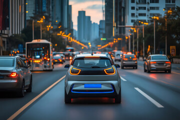 Modern electric vehicle driving on a busy city street during evening rush hour, showcasing sustainable urban transportation