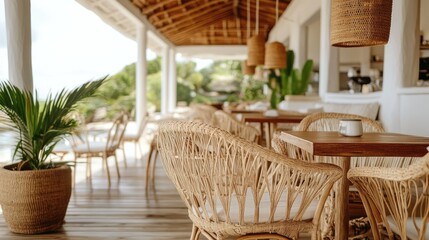 Fototapeta premium A trendy beach resort caf with rattan chairs, wooden tables, and hanging lanterns.