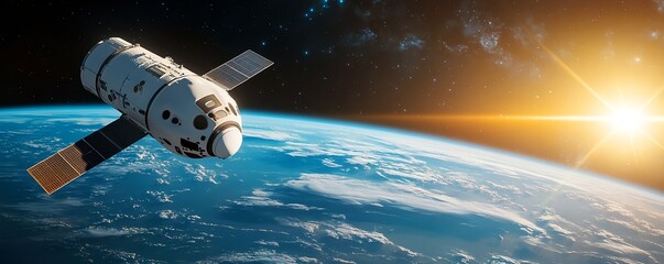 Satellite orbiting above Earth during sunrise, celebrating Space Exploration Day