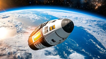 Space capsule floating above Earth illuminated by sunrise for Cosmonautics Day tribute