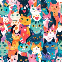 Colorful cats illustration. Many cats with hearts and flowers. Cats in orange, pink, blue, black, white, teal. Cats sitting closely.