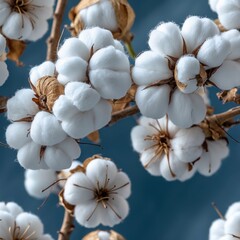 White cotton flowers on brown branch against blue backdrop. Fluffy cotton bolls closeup, showing plant structure and textures.