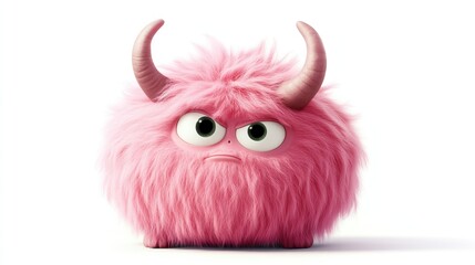 Fototapeta premium A pink fluffy cartoon monster with horns isolated on a white background. It is a funny mascot character, suitable for use in children's products or fantasy-themed designs.