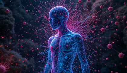 Naklejka premium Stunning 3D Render: Human Body & Cell Interaction Visualization
